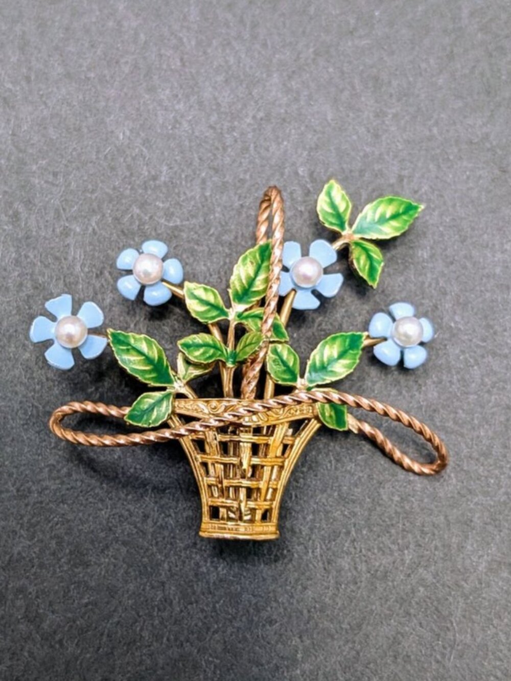 Vintage Enamel Flower Basket Brooch Blue Faux Pearl Green Leaves Gold Tone Pin